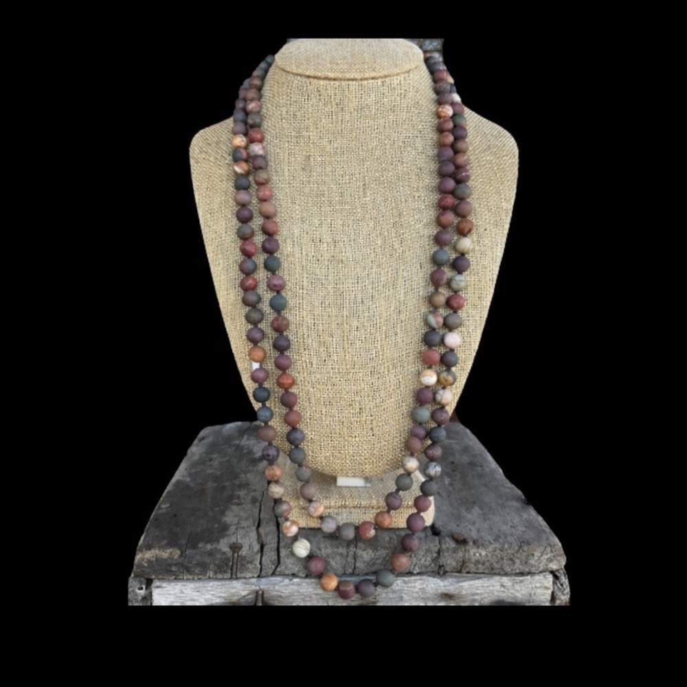 NWOT 60" 8mm Picasso Jasper Necklace, Earthy Natural Stone Brown/Blue/Red/Cream